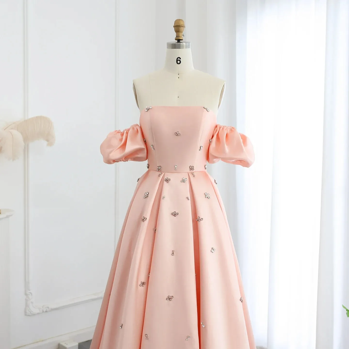 Blush Pink Satin Cape Sleeves Crystal Wedding Gown