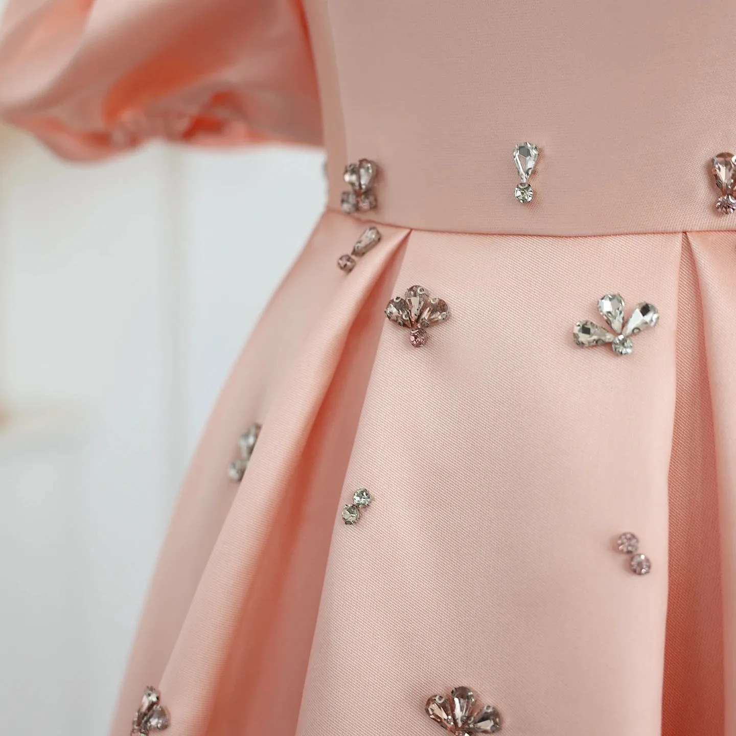 Blush Pink Satin Cape Sleeves Crystal Wedding Gown