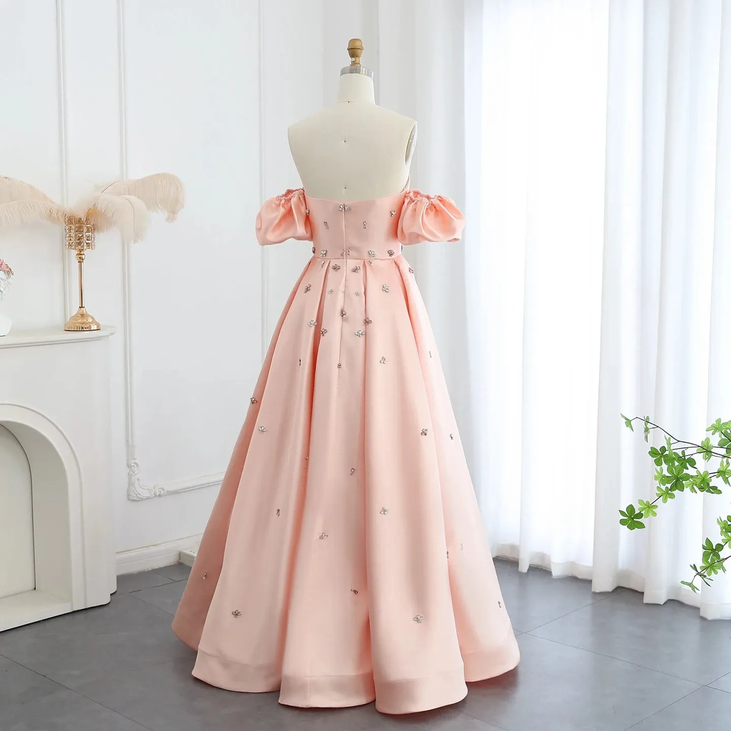 Blush Pink Satin Cape Sleeves Crystal Wedding Gown