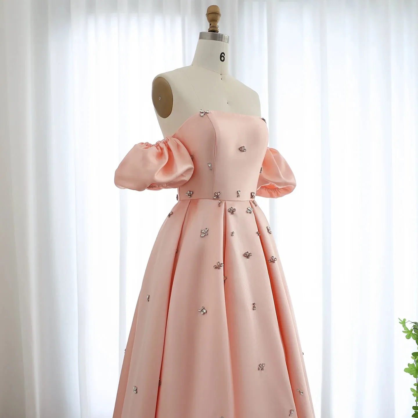 Blush Pink Satin Cape Sleeves Crystal Wedding Gown
